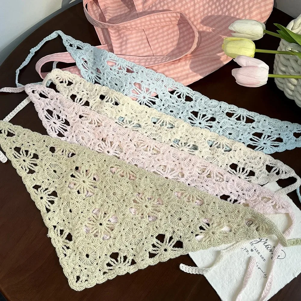 Fashion Knitted Headscarf for Women French Pastoral Triangle Headband Handmade Crochet Headband Towel Retro Flower Headscarf