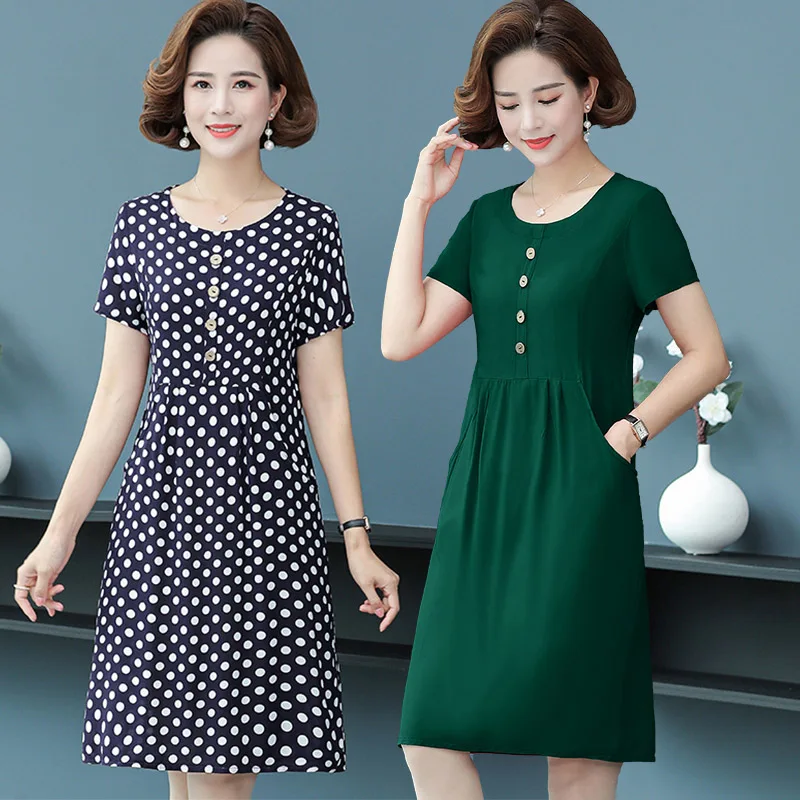 

2024 Summer New Women Short Sleeve Loose Dress Female Middle-aged Print Dresses Ladies O-neck Casual A-line Vestidos N115