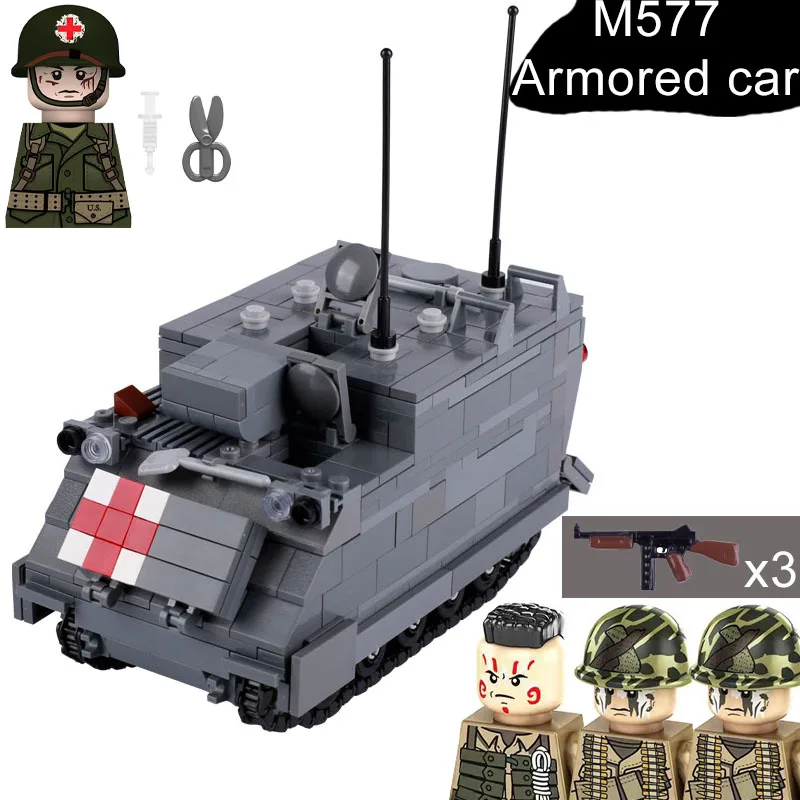 

Modern Military Panzer Tank M577 Armored Car Building Blocks WW2 US Army Vehicle Soldier Figures Weapon Bricks Toys For Kids