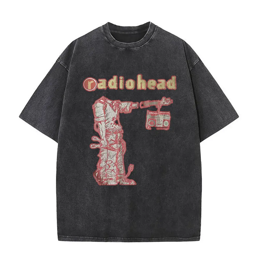 Washed Vintage Rock Band Radiohead Graphic T-shirt Men Women Hip Hop Oversized T Shirts Men's Casual Cotton T-shirts Streetwear