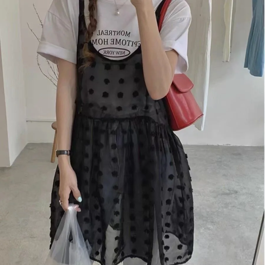 Women's Black White Chiffon Slip Dress With Dots Spring Summer One-Layer Sheer Cover-Up Sleeveless Dress Korean Fashion Ladies