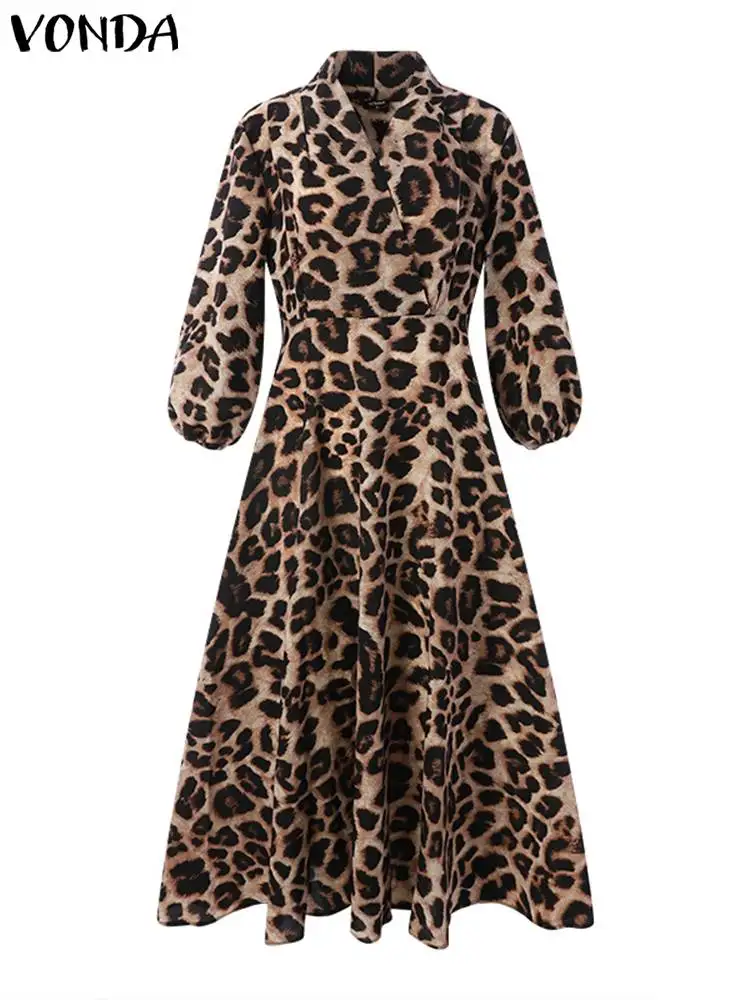 Elegant Dress Bohemian Women Leopard Print Dress VONDA 2023 Long Lantern Sleeve Loose V Neck Casual Party Robe Femme