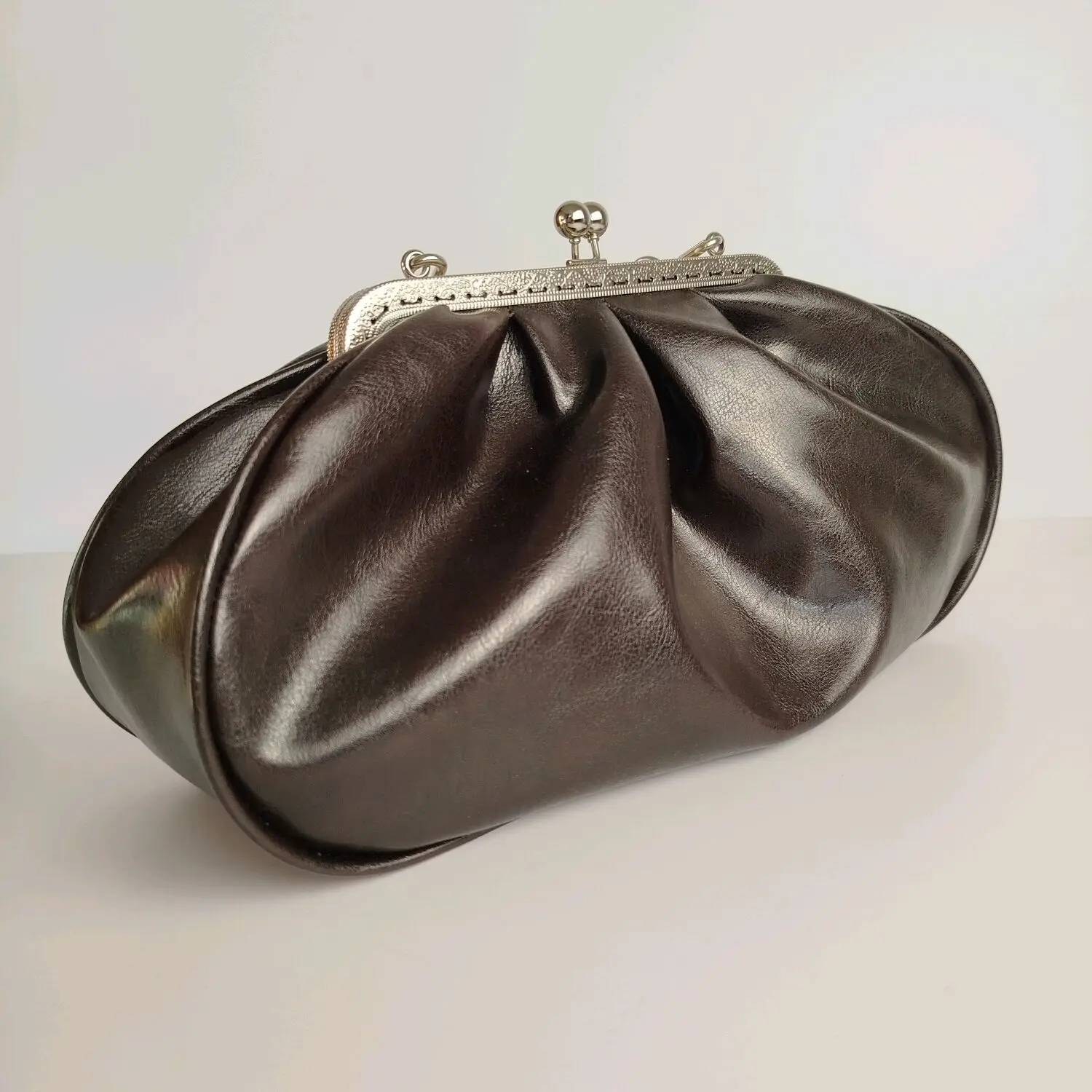 LOST IN VINTAGE Artficial Leather Ball Bronze Sliver Frame Kiss-lock Dark Brown Large Purse Evening Clutch Puffy Bags 35x20x12cm view 5
