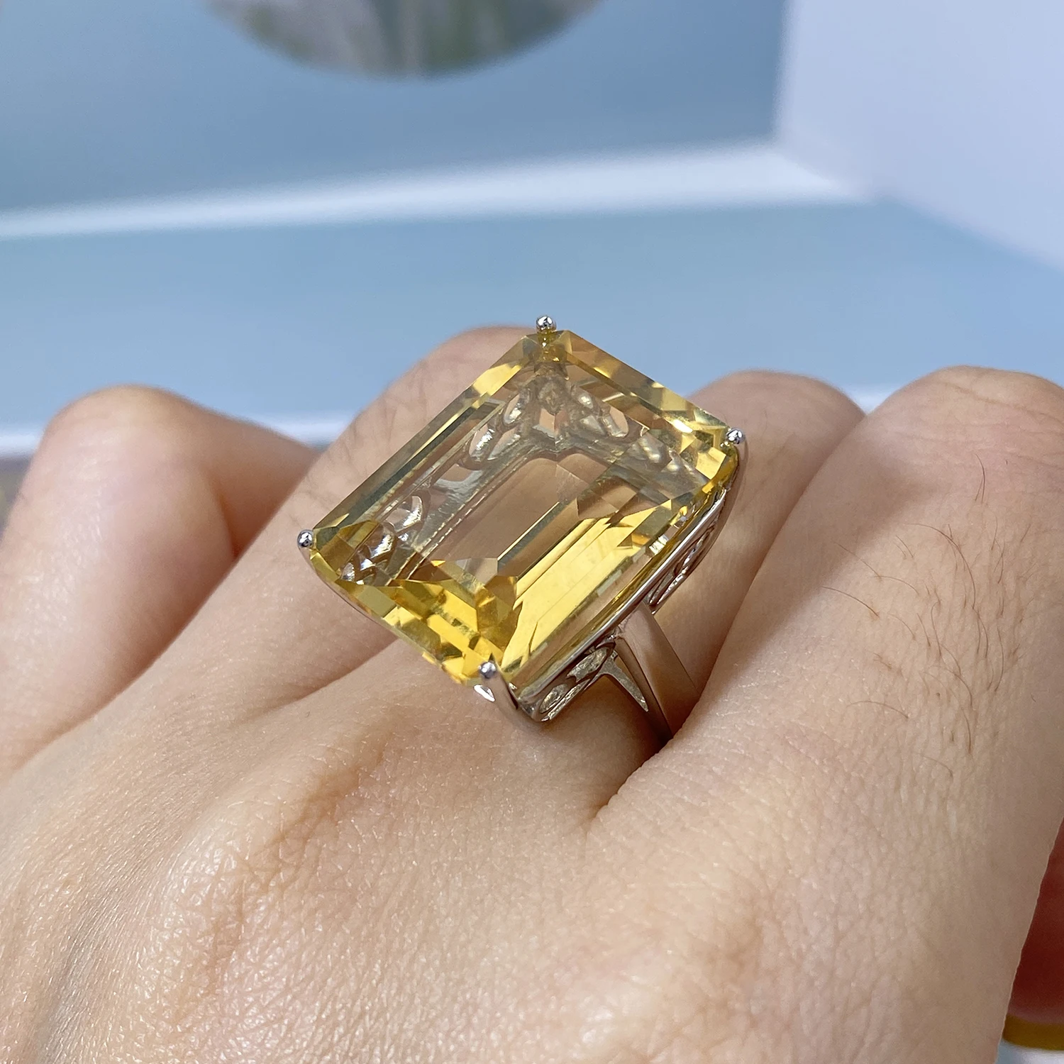 SILE 21ct Gemstones Natural Citrine Rings For Women Luxury 925 Sterling Silver Fine Jewelry Vintage Party Jewel Accessories Gift