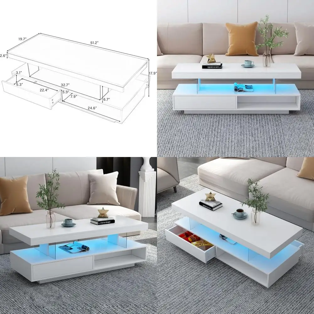 

Журнальный столик со светодиодной подсветкой, 2 ящиками и полками для выставки товаров, современный торцевой столик для гостиной (белый)