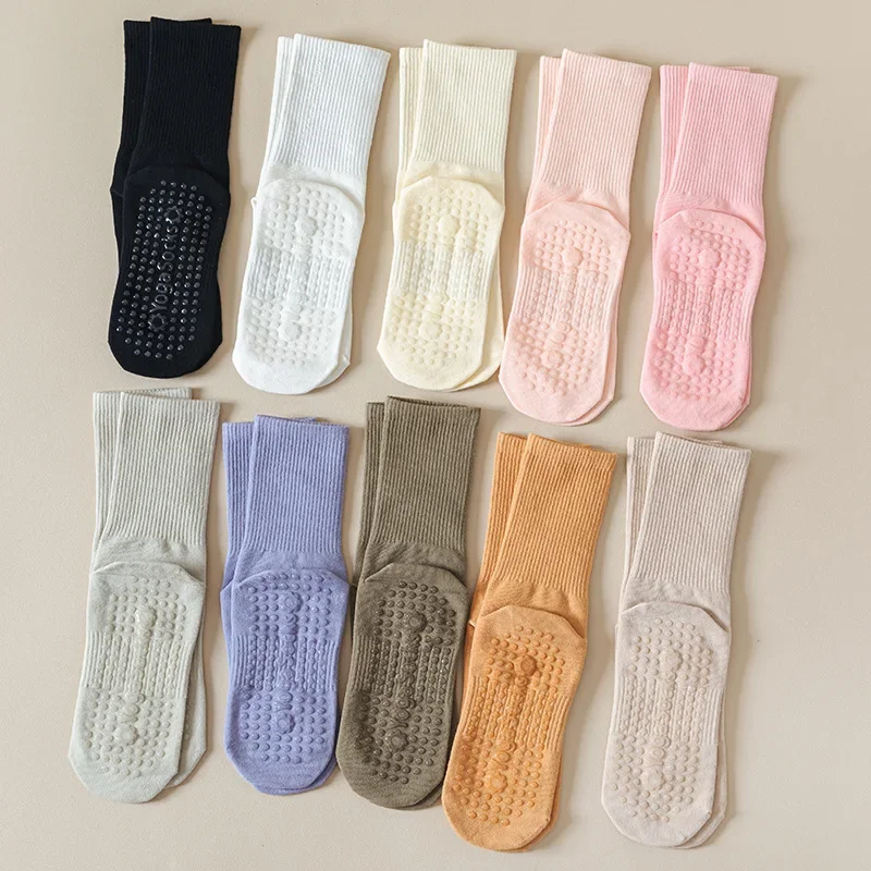 Cotton Mid-calf Solid Color New Silicone Non-slip Sports Stockings Fitness Pilates Yoga Socks Women Dance Socks Floor Socks