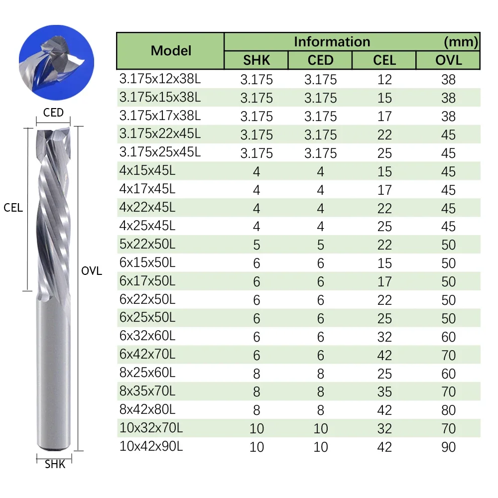 

Ultra-Wear-Resistant Carbide Spiral End Mill 10pcs 3.175/4/5/6/8/10mm 2-Flute Compression Router Set for CNC Woodworking