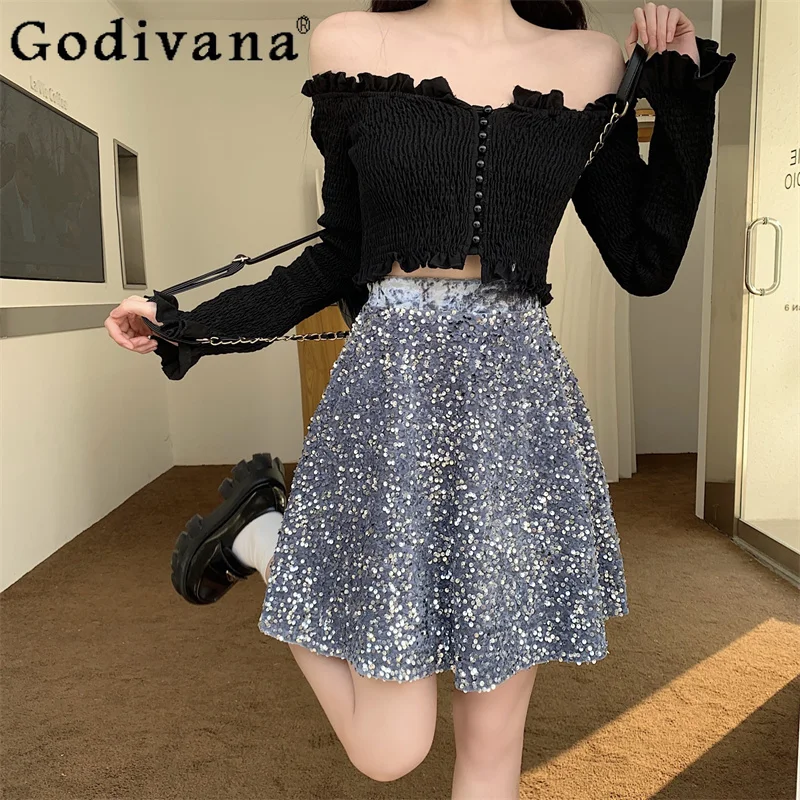 

Large Size L-4XL Women's Autumn and Winter Loose Sequined Korean Skirt Fashionable Versatile A-line High Waist Sexy Short Skirts