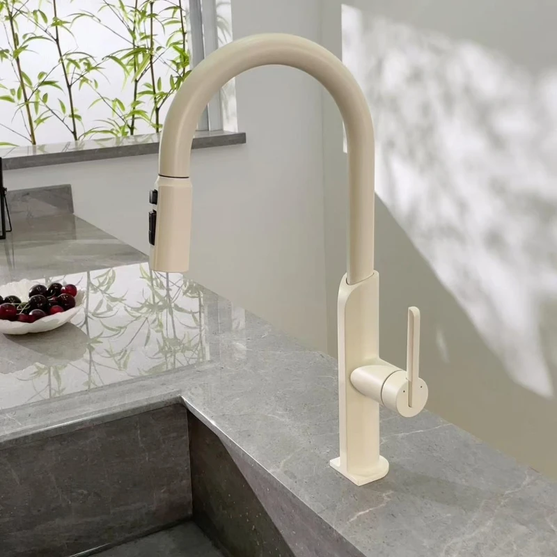 Full Milk White Pull-out Cold and Hot Vegetable Basin, Household Multifunctional Kitchen Telescopic Faucet