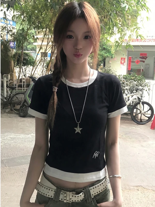 

Korean Style Hot Girl Fake Two-Piece Color Block Short Sleeve T-Shirt Women's Slim Fit Summer Fashion Versatile Top Trendy