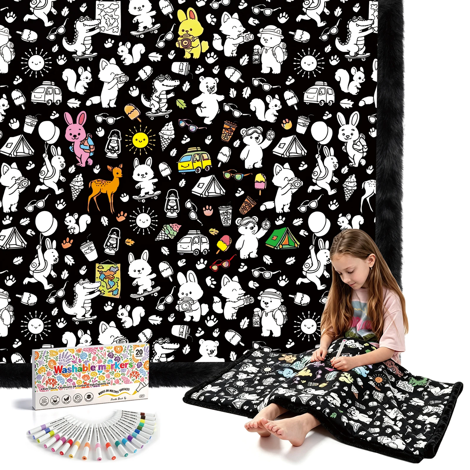 Royamoon Washable Coloring Blanket with Markers for Everyone