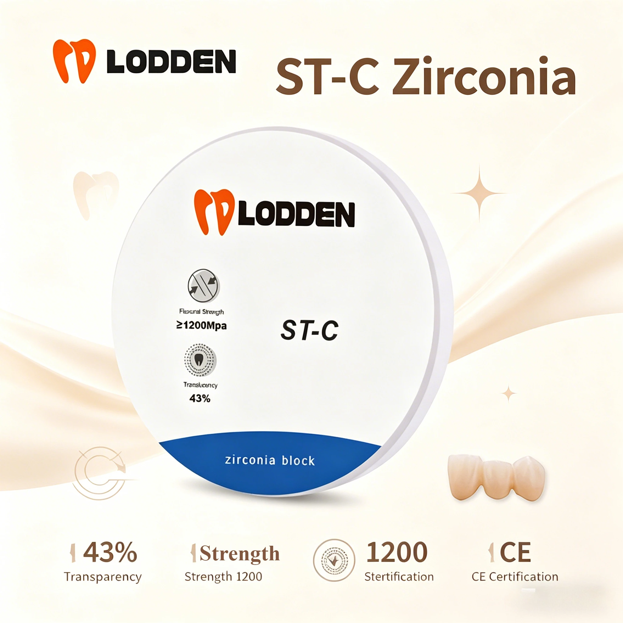 ST‑C Dental Zirconia Block Lodden 98mm 43% Transparency 1200MPa Strength Vita 16 Colors For CAD CAM Dental Lab Material