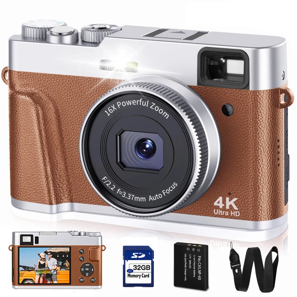 

4K Digital Camera Auto Focus 48MP Vlogging Camera for YouTube and Anti-Shake Video Camera with Viewfinder Flash & Dial 32G Card