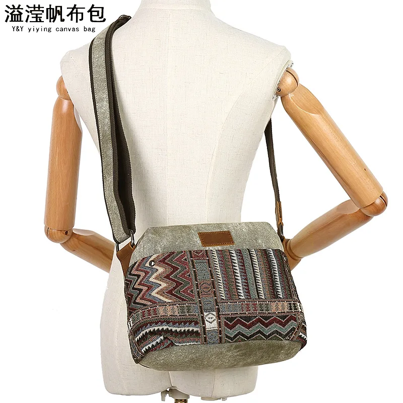 

Oblique span bag women's canvas ethnic style with mad horse leather single shoulder oblique hanging bag fashionable, simple and