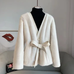 Manteau en fausse fourrure pour femme, veste en peluche avec ceinture, velours de vison, doux et confortable, nouveau haut de gamme, automne et hiver