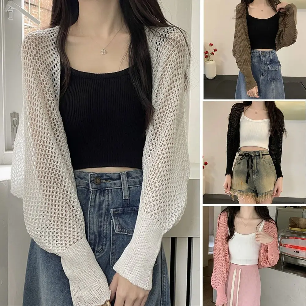 Long-sleeved Cardigan Thin Knitted Cardigan Jacket Women's Solid Color Small Shirt Outer Wear Short Top Hollow Out