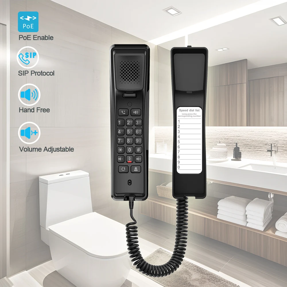 Wall-mounted SIP Telephone for Bathroom Hotel Restroom Office Toilet Maison Home Handset VoIP Phone System Support 2 SIP Lines