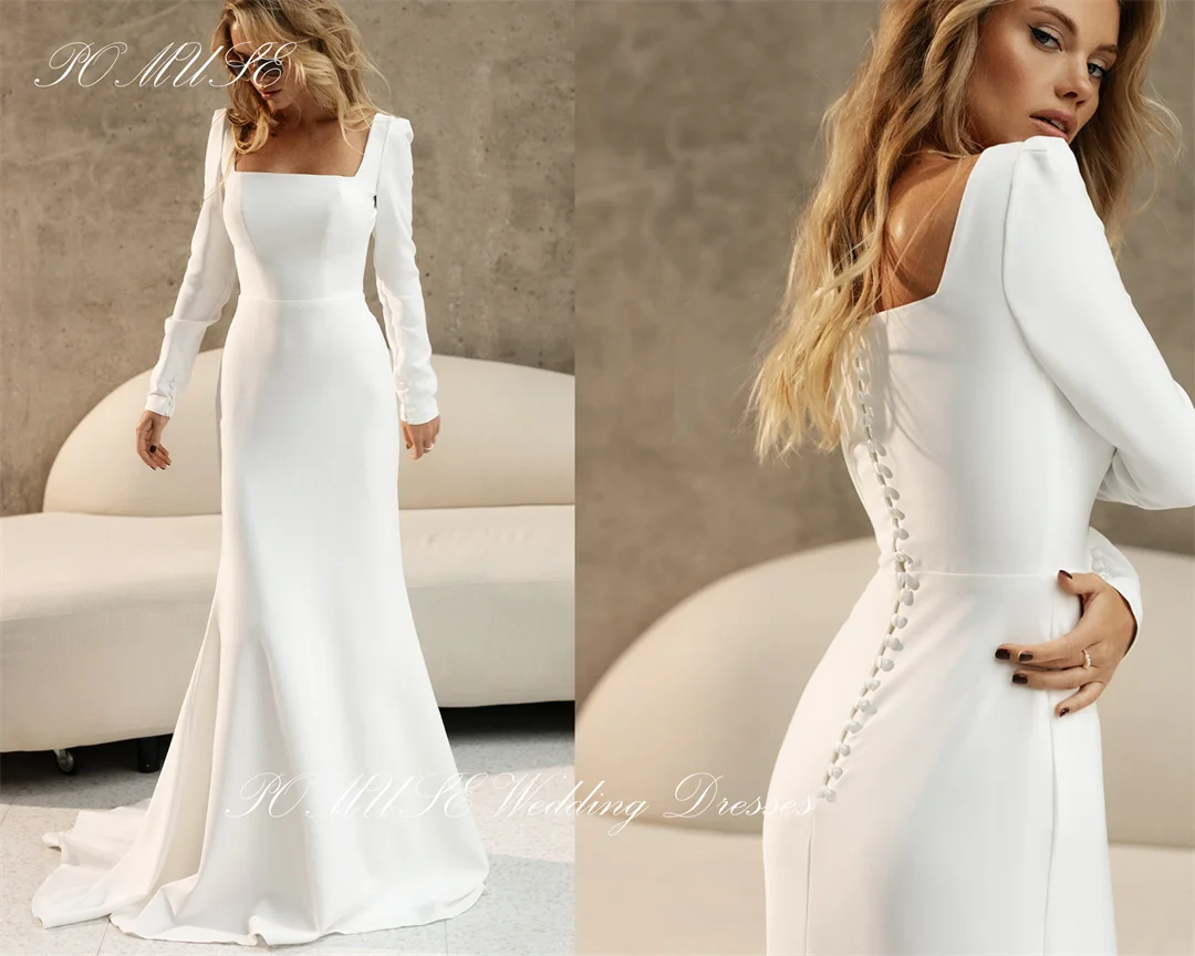 POMUSE Customized Buttons Wedding Dresses Long Sleeves Fit Country Wedding Bride Gown Custom Made Vestido De Novia for Women