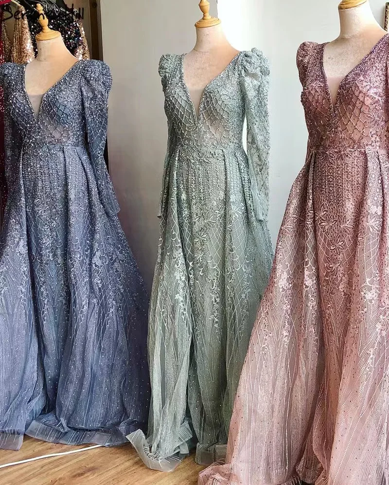 Renda elegante sereia vestidos com trem, mangas compridas, luxo árabe muçulmano Beading, vestidos de Dubai