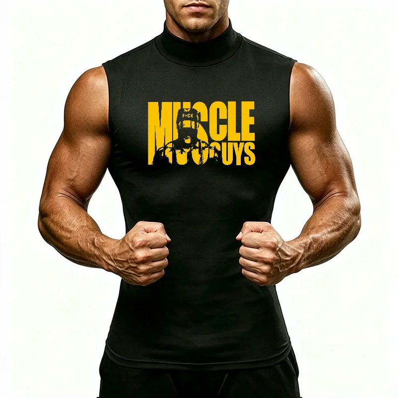 Men Sleeveless High Neck Running T-Shirts Quick Dry Stretchy Gym Tank for Fitness Training Compression Athletic Workout Top