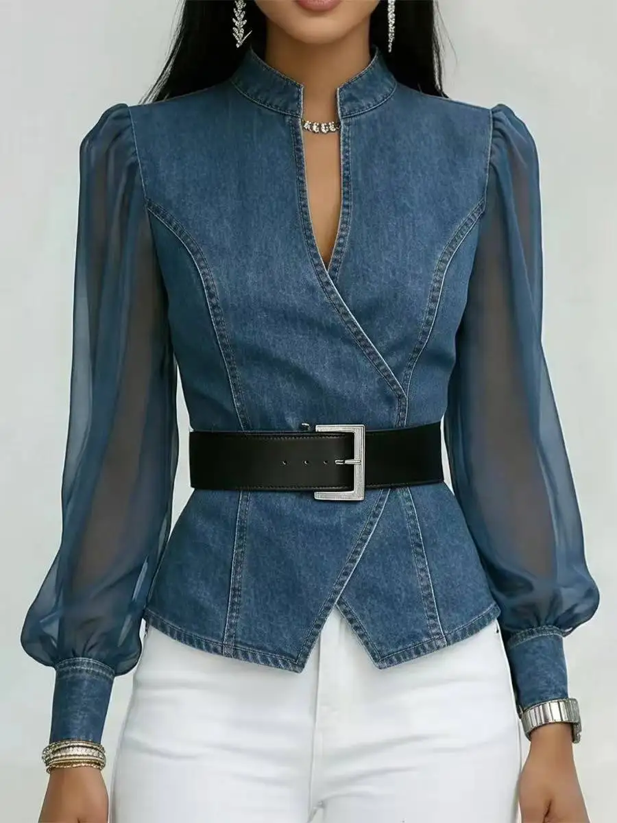 Vintage Deep V-Neck Wrap Denim Patchwork Sheer Chiffon Long Sleeve Blouse With Belt