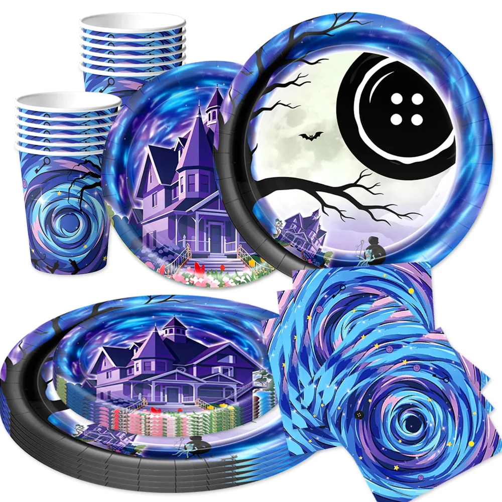 

Coraline Spooky Haunted House Disposable Party Tableware Set Paper Plates Cups Napkins Horror Movie Birthday Halloween Supplies