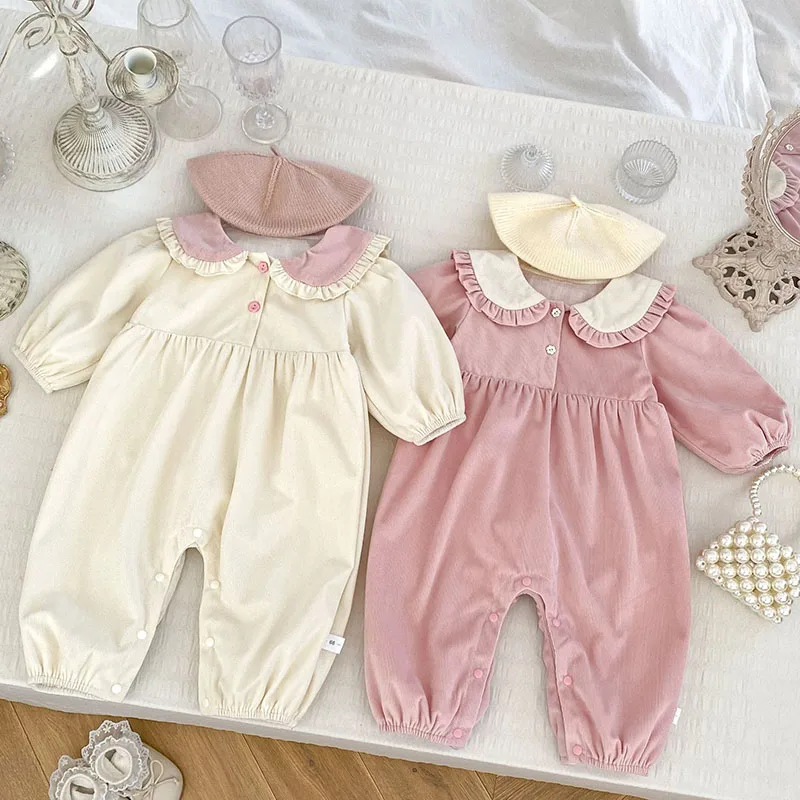 2024 New Autumn 0-24M Baby Girls Clothing Infant Baby Girls Jumpsuit Long Sleeved Corduroy Splicing Newborn Baby Girls Bodysuits