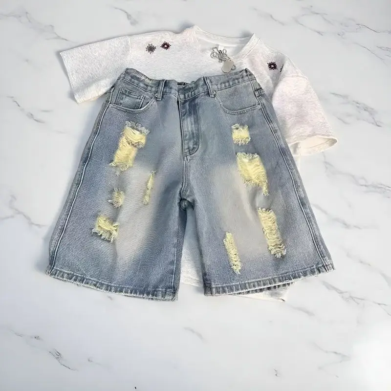 

Mens Denim Shorts Vintage Distressed Streetwear Shorts Harajuku Unisex Loose Fit Five Length Casual American Style Fashion Trend