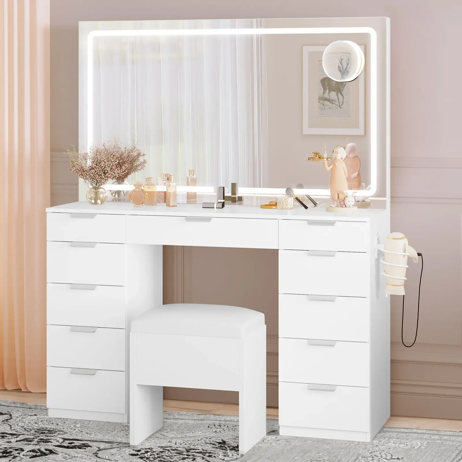 Vanity Table Set with Large LED Lighted Mirror & 11 Drawers for Bedroom， Large storage space，3-color light adjustment