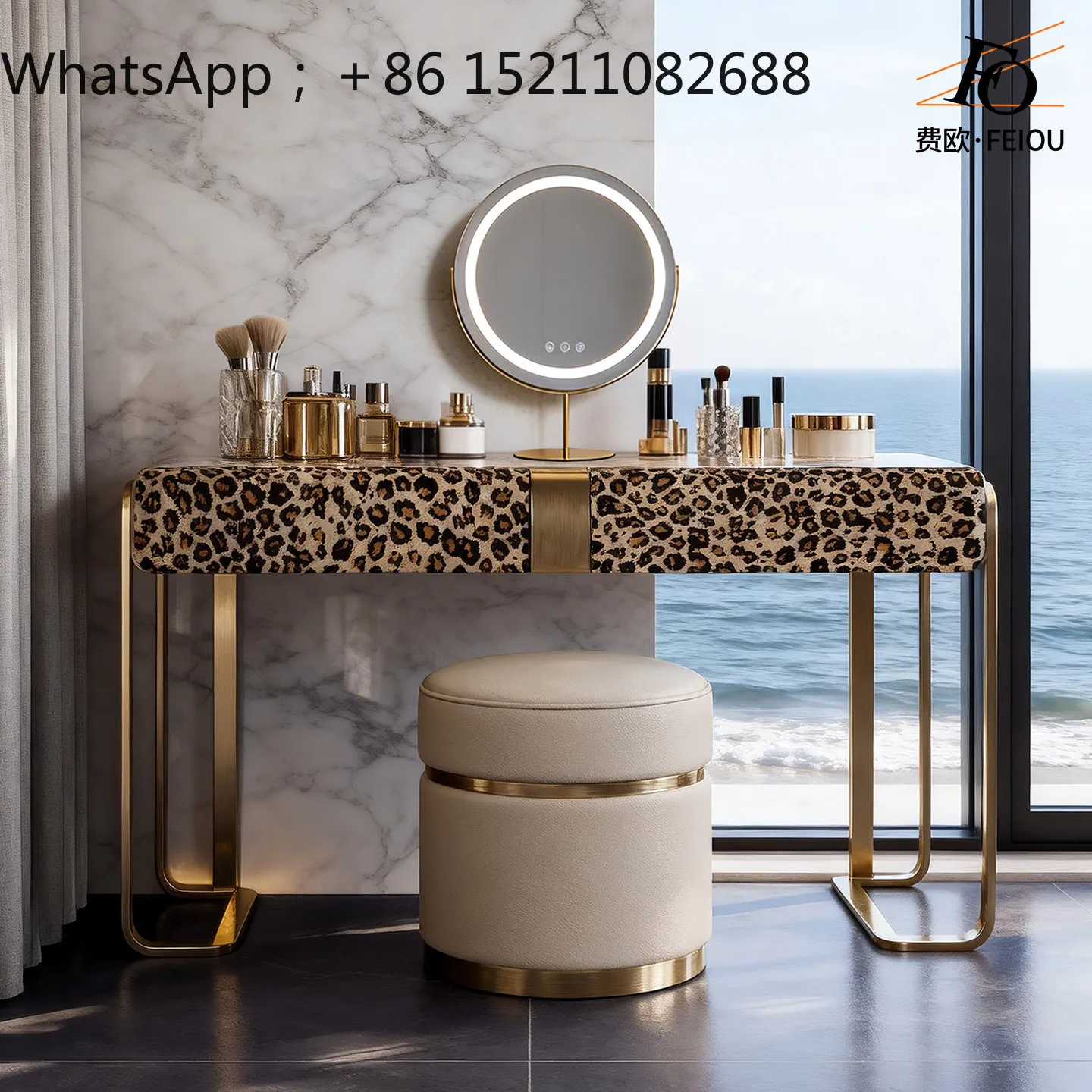 LLY light luxury makeup table large flat mansion premium leopard print cow fur marble master bedroom dresser