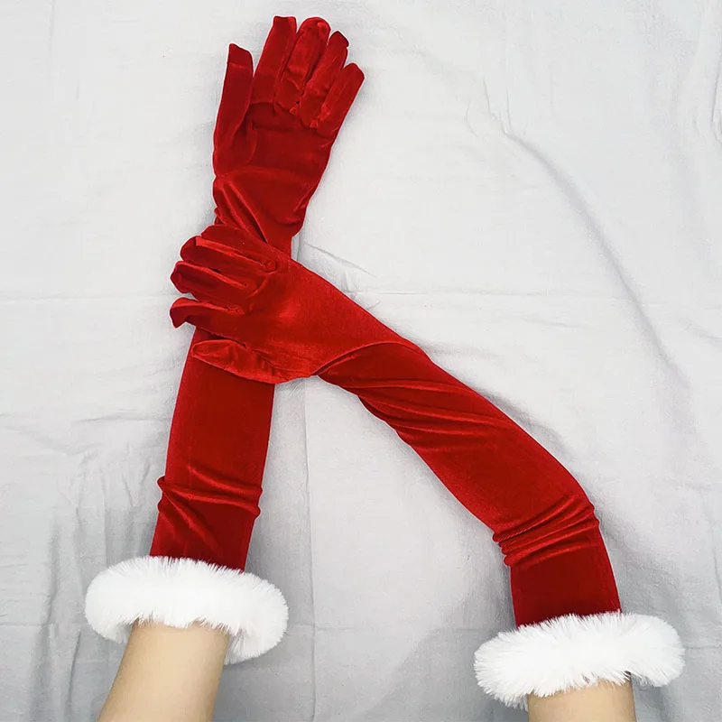 Christmas Party Red Gold Velvet White Plush Long Gloves Cosplay Costume Stage Performance Photography Props Women Winter Warm