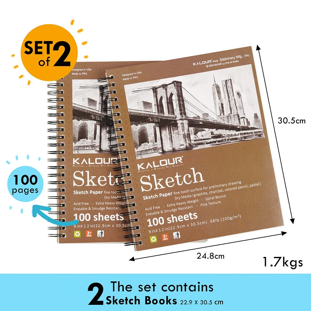 2pcs/Set KALOUR Sketchbooks Professional Premium Paper Art For Drawing and Sketch ,100 Pages 9*12 Inch Art Stationery Supplies