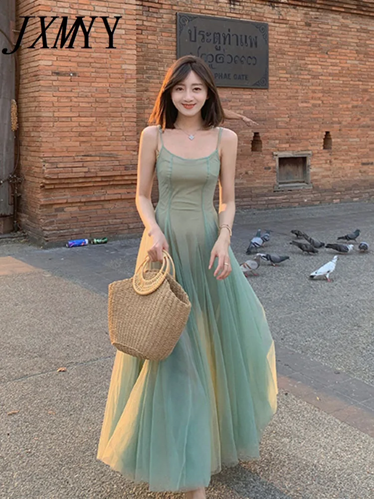 

JXMYY Slim-Fit Mesh Waist Slip Dress 2024 Summer Fashion New Long Skirt Sleeveless Slip Women's Dress