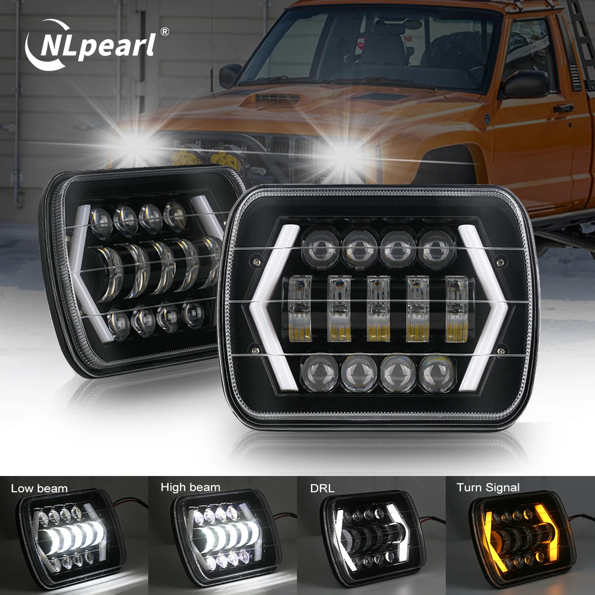 Faro LED blanco DRL ámbar, señal de giro para Jeep Wrangler YJ Cherokee XJ H6014 H6052 H6054 H4, faro cuadrado, 12V, 5x7 ", 7x6"