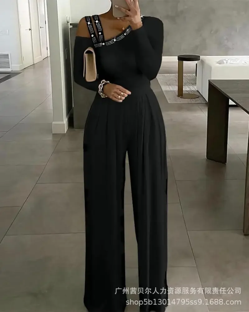 

2023 Womens Rompers Black Diagonal Shoulder Hot Diamond Commuter Jumpsuit for Women