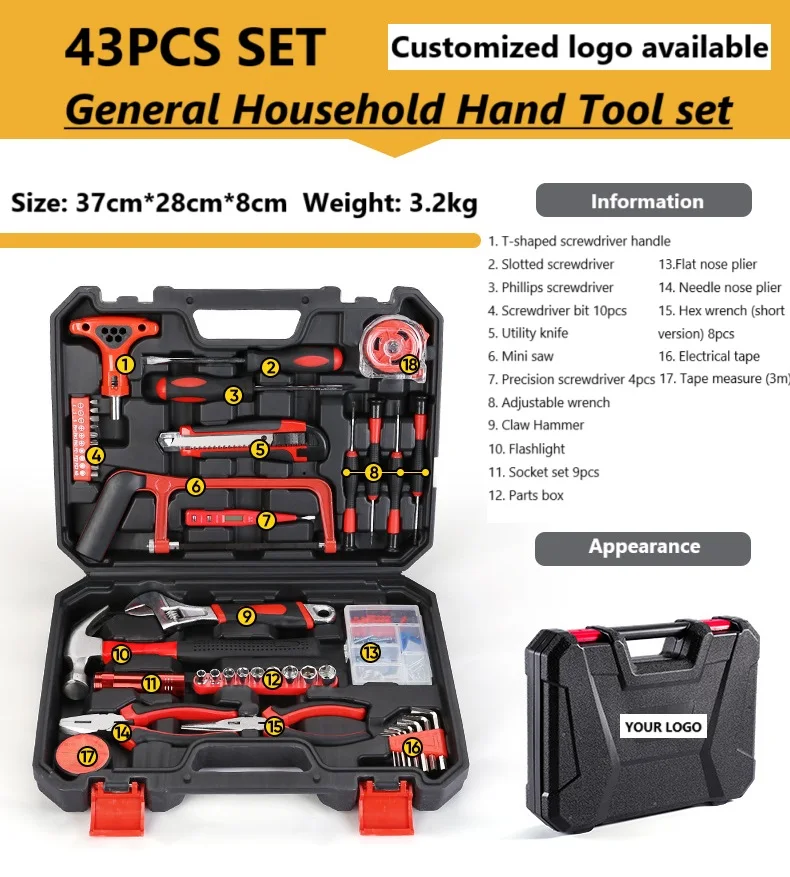 43PCS caixa de ferramentas Hardware Toolbox Gift Multi Function Hand Tool Sets Household Repair Tool Set