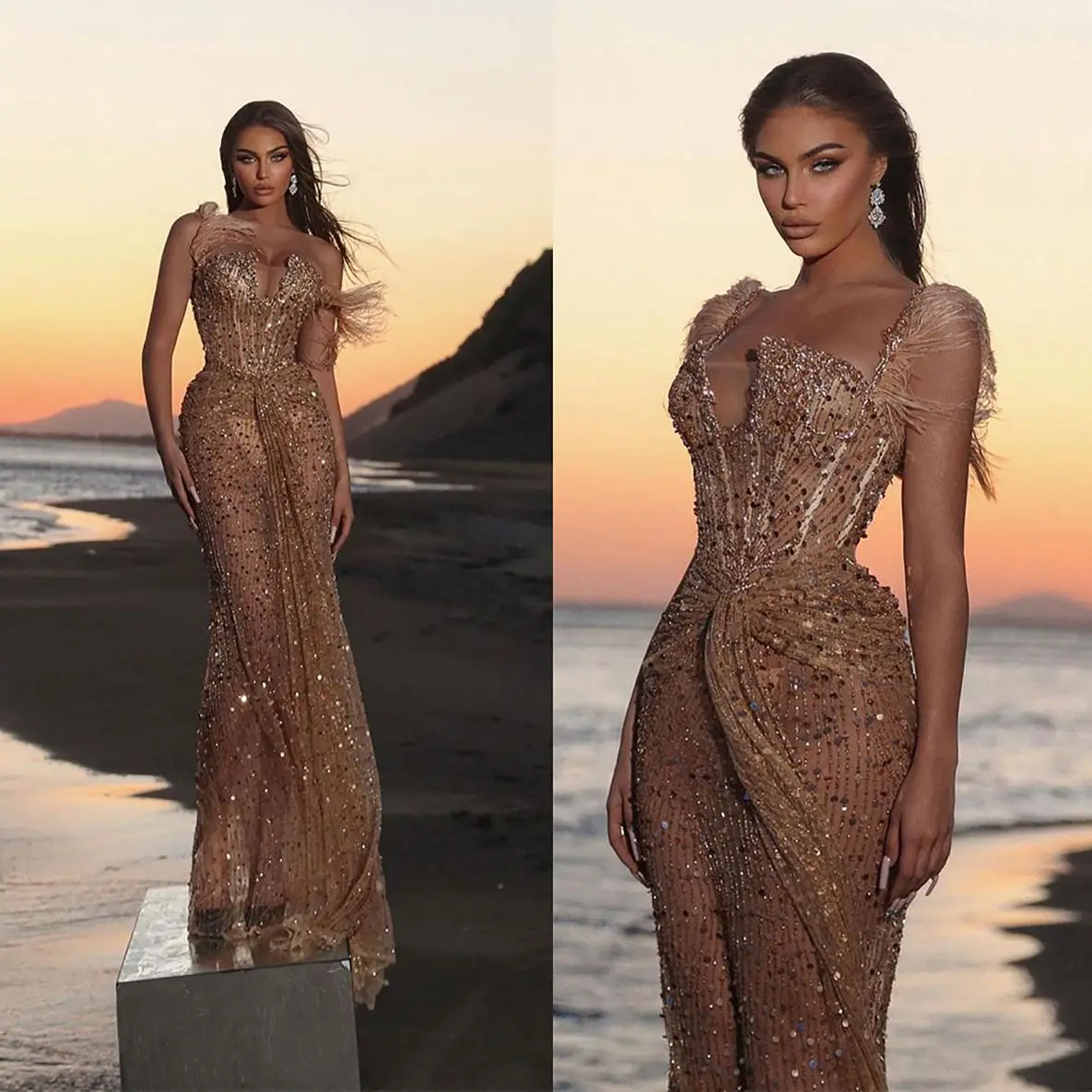 Luxurious Crystal Evening Dresses Sequined Spagheti Straps Mermaid Prom Dress New Designed Elegant Formal Party Gowns