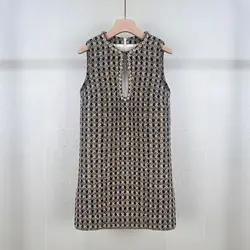 High Quality Brand Designer Autumn Winter Sequins Tweed Dress Women Sleeveless Tank Short Vestidos Party Evening Robe
