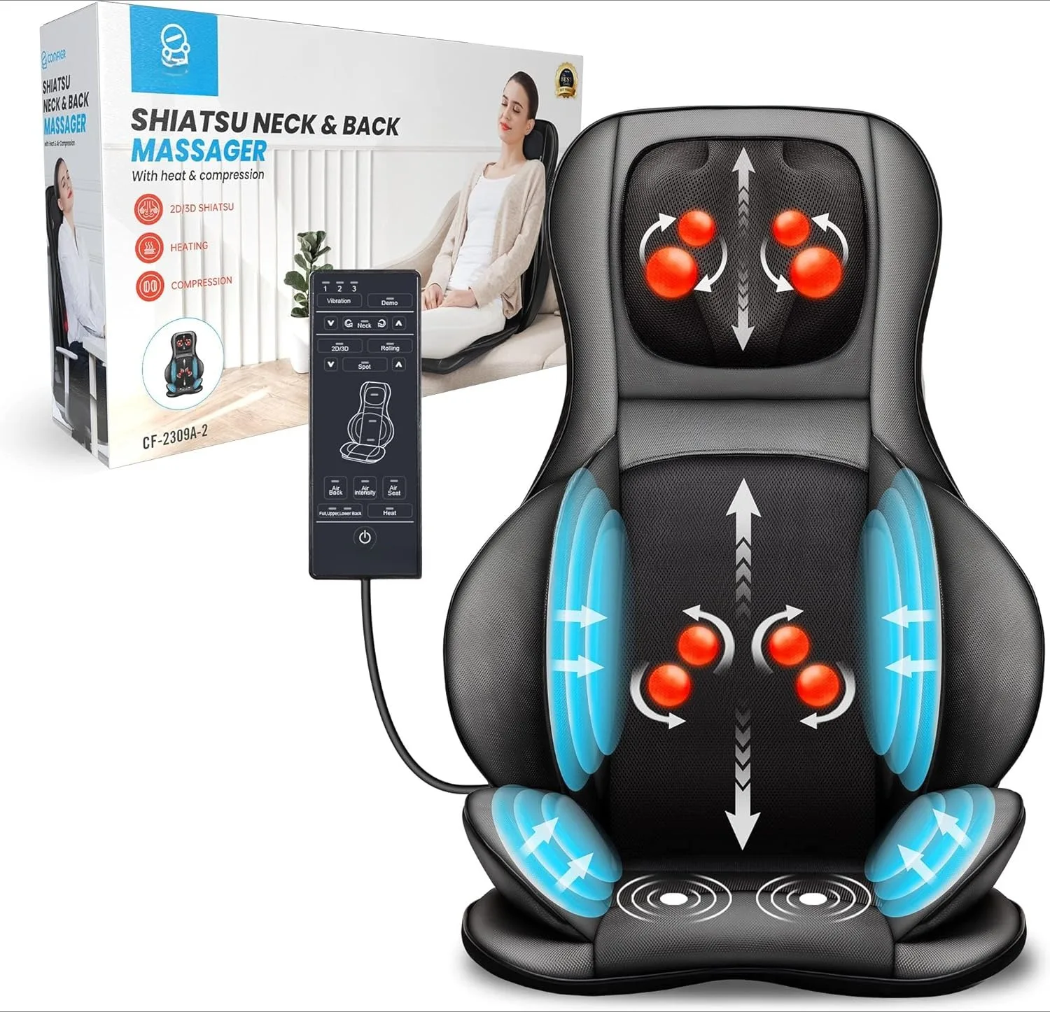 Neck Back Massager with Heat,Shiatsu Massage Chair Pad with 2D/3D Kneading&Compression Chair Massager,Full Body for Neck Back