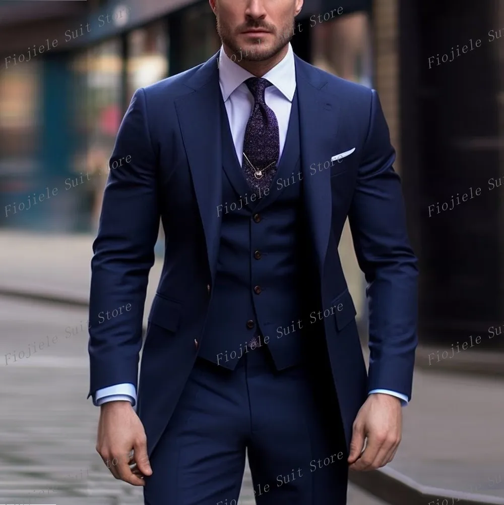 

Navy Blue Men Suit Formal Occasion Business Tuxedos Groom Groomsman Wedding Party Prom Male 3 Piece Set Blazer Vest Pants