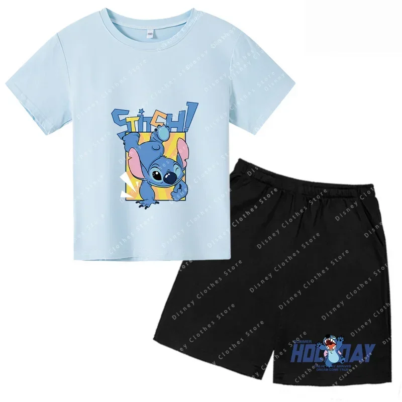 New Lilo & Stitch T-shirt Kids Anime Summer Fashion Kids Cartoon Boys Girls A T-shirt Sonic Mario Short Sleeve set