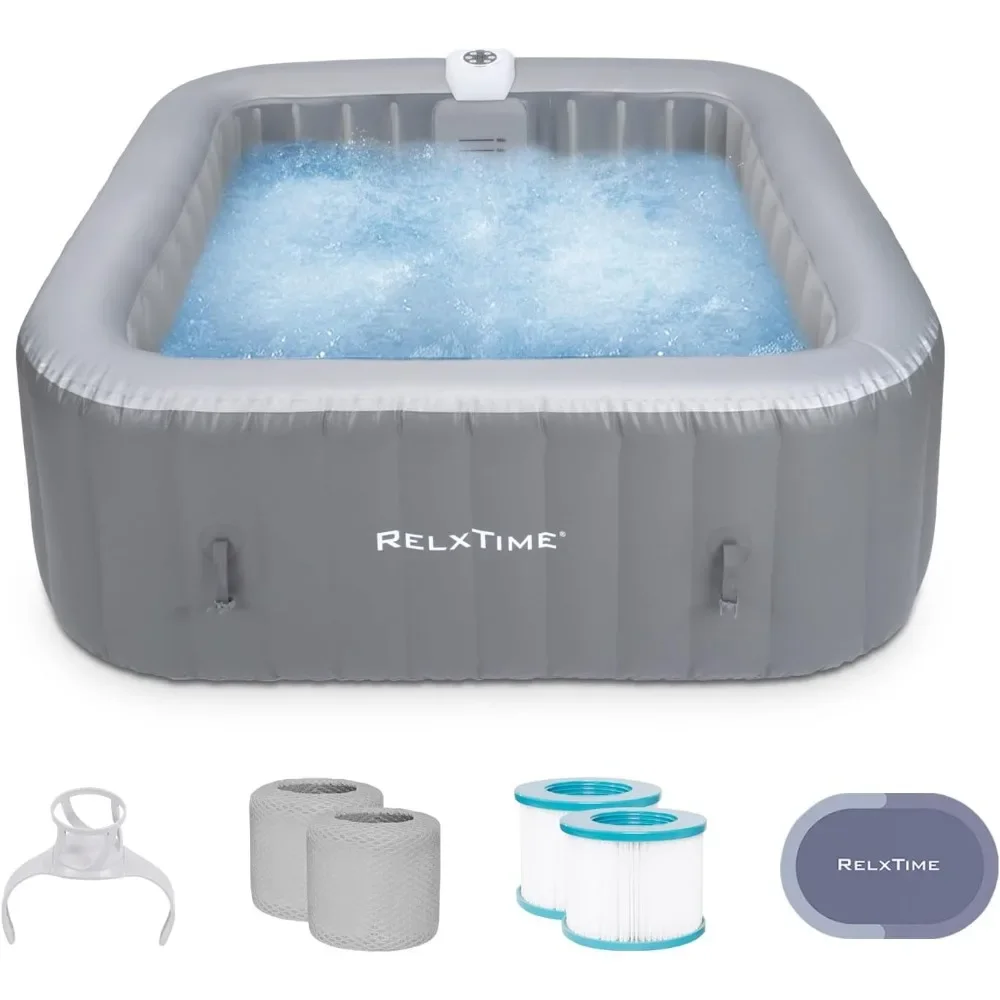 Inflatable Hot Tub 4 To 6 Person, Blow Up Spa Square Outdoor Hottub, 130 Soothing Bubble Air Jets, Cover, 2 Filter Cartridges