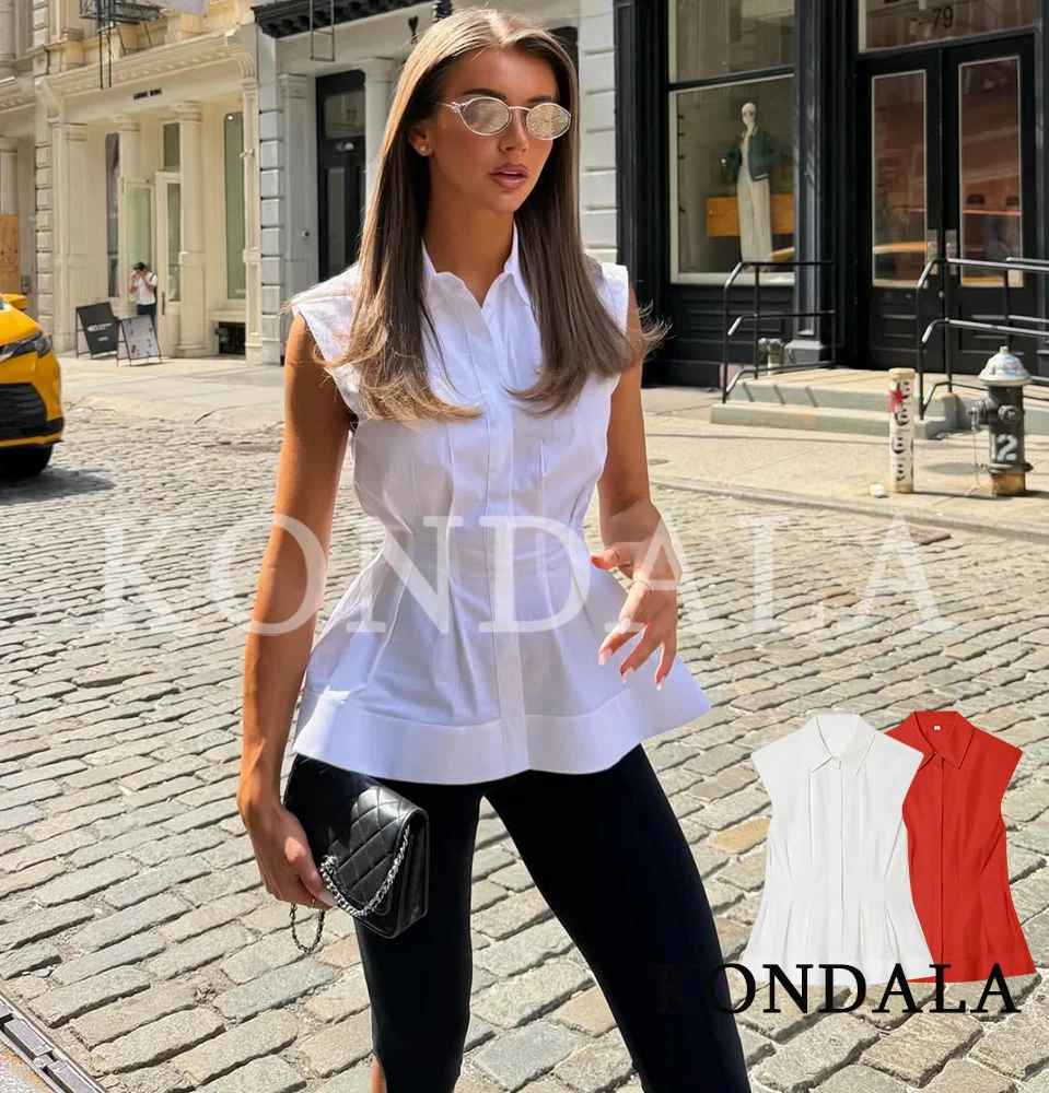 KONDALA Casual High Street Sleeveless Shirts Women Trendy Pleated Hem Shirts New 2026 Spring Summer Fashion Commute Vest Shirts