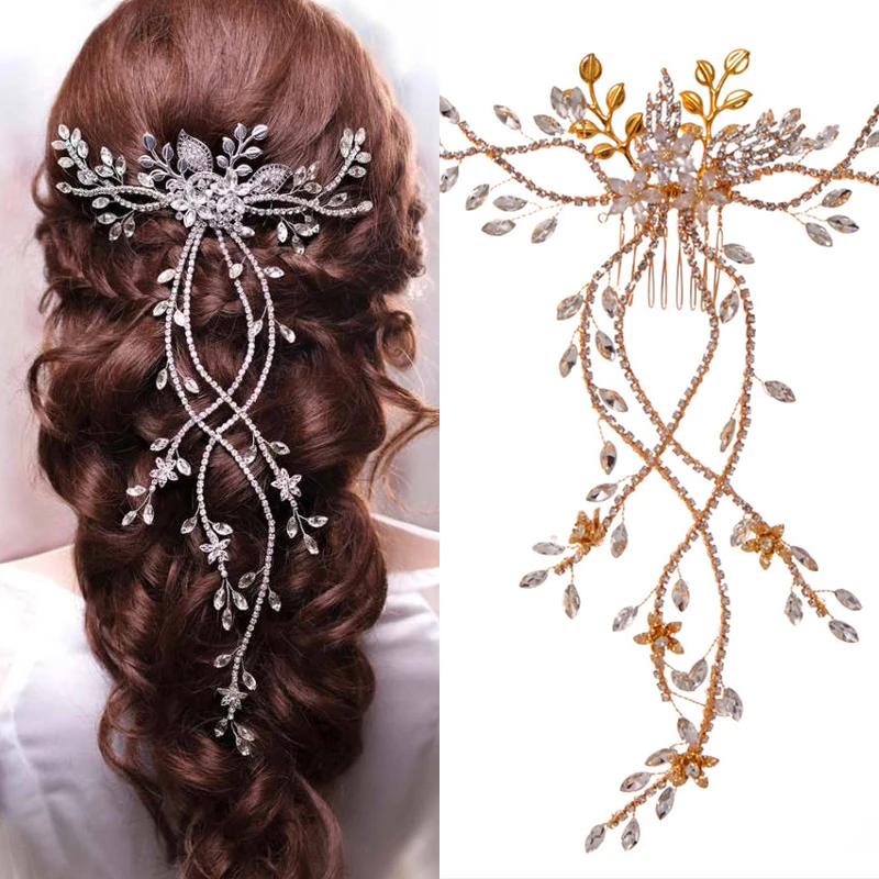 

Wedding Head Flower Crystal Pearl Hair Combs Tiaras For Brides Women Tassel Head Ornaments Bridal Hair Clips Accessories Jewelry