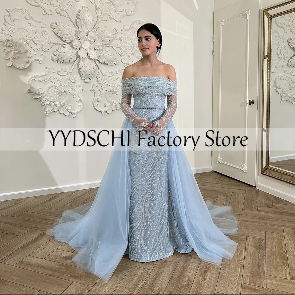 Customized Cocktail Dresses 2024 Blue Evening Dresses Crystal Beading High Slit Shiny Mermaid Sexy Pleated  Wedding Party Dress