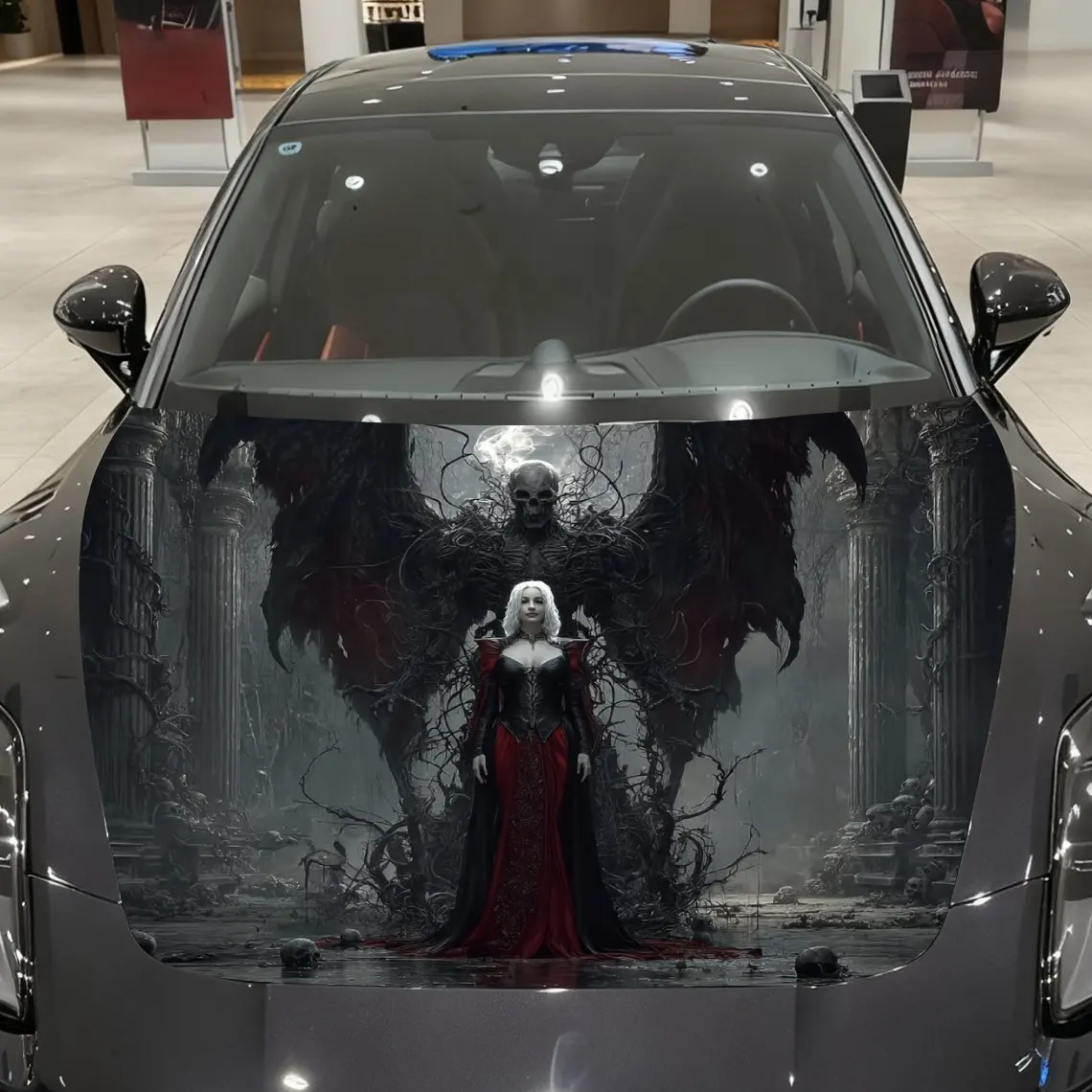 

Gothic Queen And Skull Car Hood Wrapped In Colorful Vinyl Stickers, Suitable For Trucks, Decorative Hood Graphics, And Automotiv