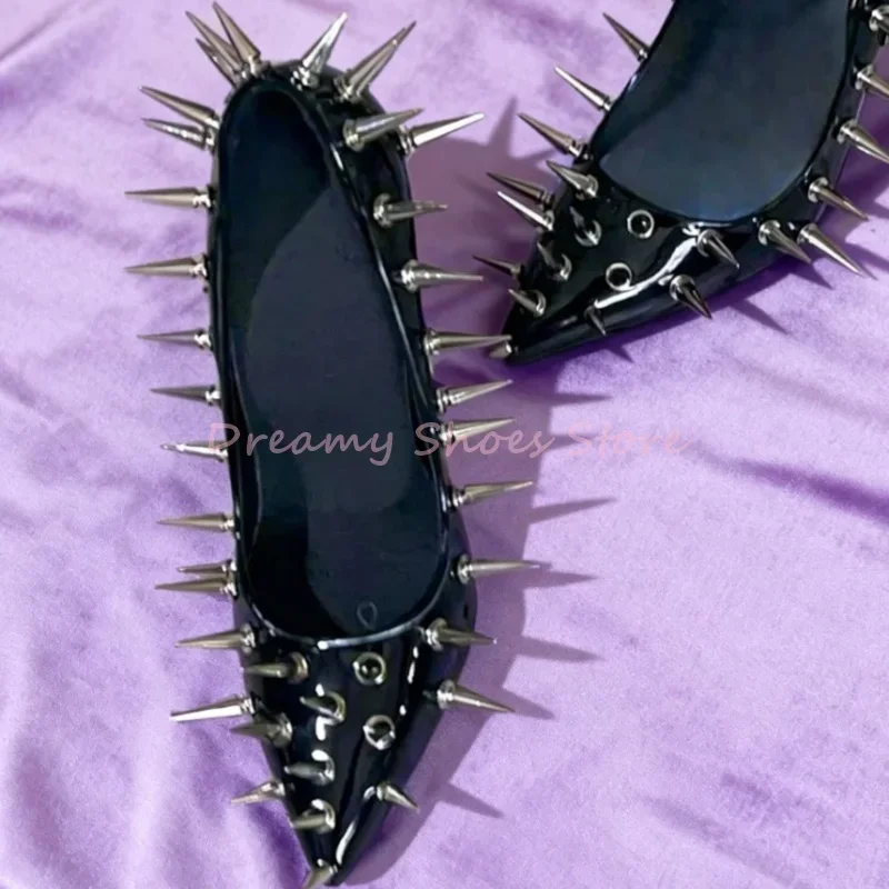 

Black Patent Leather Rivet Slip On Thin Heel Pumps Women Sexy Pointed Toe Super High Heels Punk Party Club Lady Shoes New Style