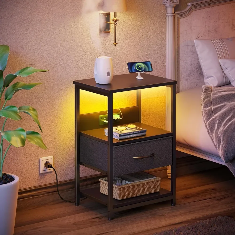 LED Bedside Tables with Charging Station and Fabric Drawer, Night Stand with Storage, 3 Tier Bed Side End Table with Open Shelf