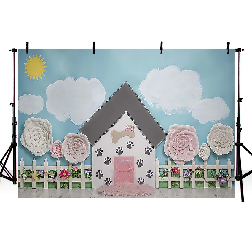 Mehofond Photography Background Dog House Garden White Clouds Kids Birthday Party Cake Smash Decor Backdrop Photo Studio Props