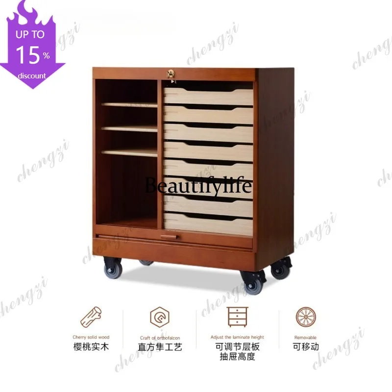 EE182 retro file locker, cherry wood medieval cabinet mobile rolling shutter door sundries side cabinet